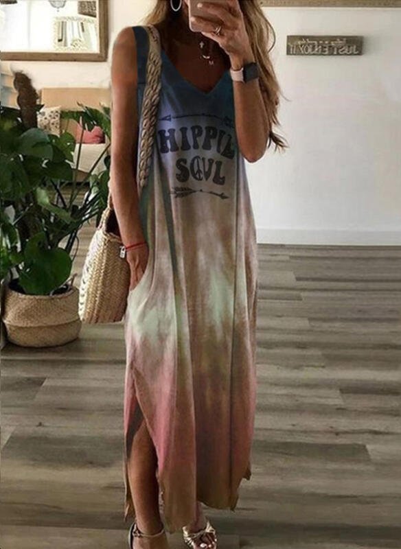 Sukienka maxi na szerokich ramiączkach hippie