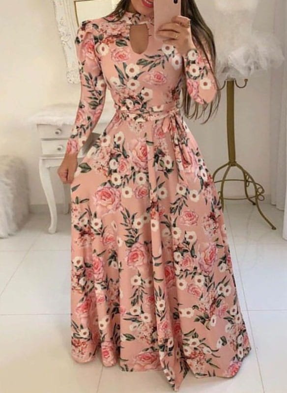 Sukienka maxi z długim rękawem i wycięciem przy dekolcie