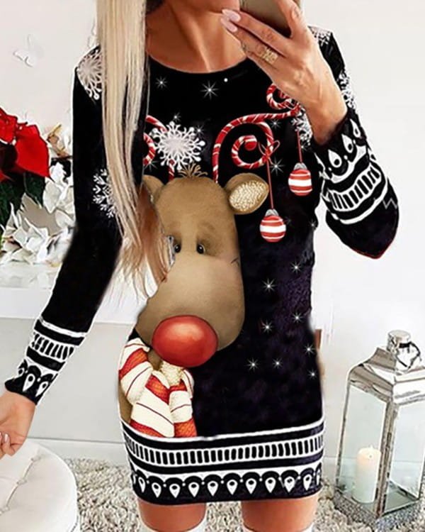 Sukienka mini z długim rękawem i półokrągłym dekoltem