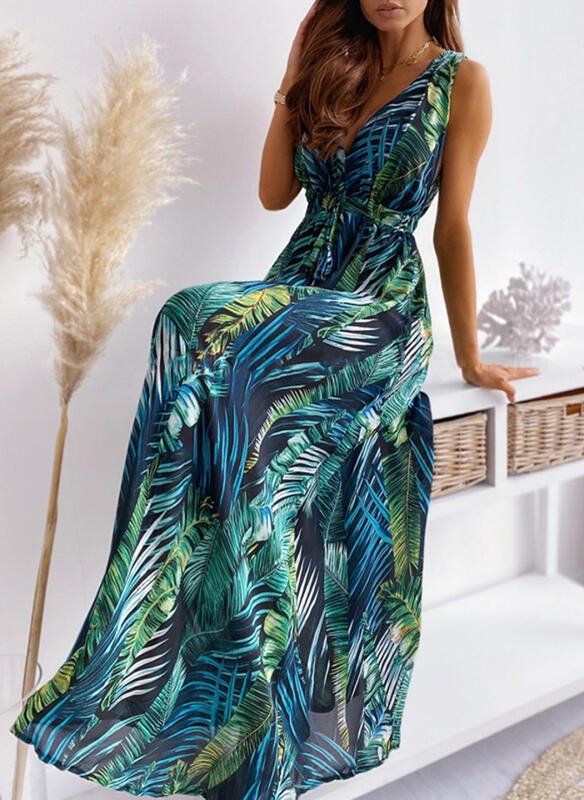 Sukienka maxi z motywem palmowych liści